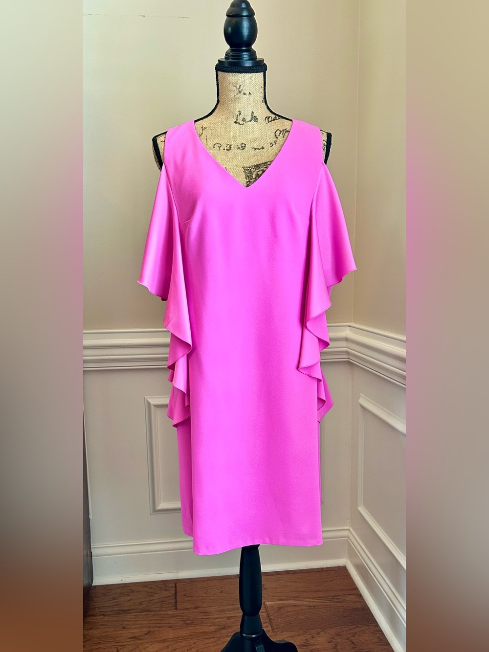 Trina Turk V-Neck Ruffle Midi Dress - Hot Pink